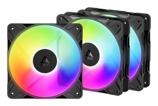 Set 3 ventilatoare Arctic „P12 Pro Reverse A-RGB – 3 Pack”, 120mm, 500 – 3000 RPM, FDB, 73 cfm, 4-Pin Fan Plug + 4-Pin/3-Pin A-RGB Plug + 3-Pin Socket, negru, „ACFAN00333A” (timbru verde 0.54lei)