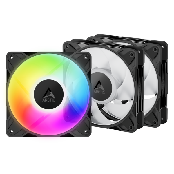 Set 3 ventilatoare Arctic „P12 Pro A-RGB LN – 3 Pack”, 120mm, 450 – 2000 RPM, FDB, 49 cfm, 4-Pin Fan Plug + 4-Pin Socket/3-Pin A-RGB Plug + 3-Pin Socket, negru, „ACFAN00347A” (timbru verde 0.54lei)