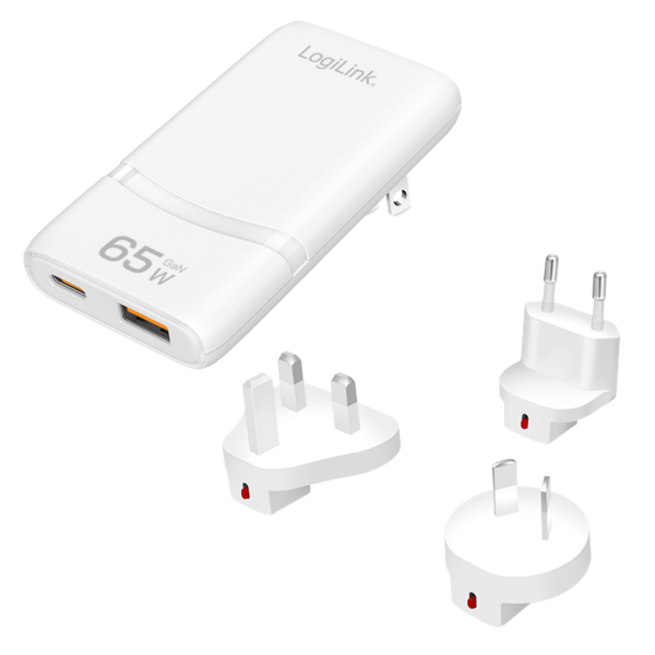 ALIMENTATOR retea 220V LOGILINK, universal, 1 x USB-C, 1 x USB-A, maxim 20V/3.25A, GaN 65W, tip travel: adaptor EU/UK/AU, suport OCP/OVP/OHP/SCP, compatibil EU/AUS/US/UK, alb, „PA0376” (timbru verde 0.18 lei)