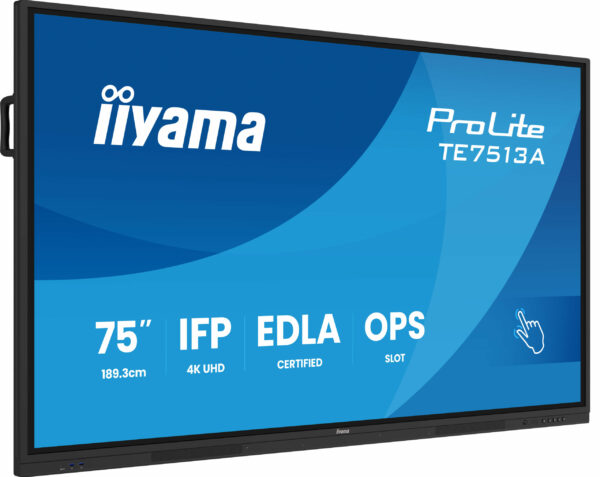 Iiyama Prolite TE7513A-B2AG 75UHD VA 3840×2160 400cd 1200:1 8ms Android 1, 8/128GB, VGA, 2x HDMI, 2x USB-C, mini-jack, Optical Out (S/PDIF), USB Touch Interface, Landscape mode,Media Play USB Ports „TE7513A-B2AG” (timbru verde 7 lei)