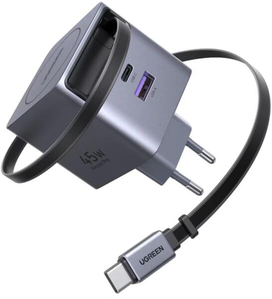 INCARCATOR retea Ugreen GaN „X614” Quick Charge 45W, 2 x USB Type-C, cablu retractabil USB type-C, gri „65822” (timbru verde 0.18 lei) – 6941876268221