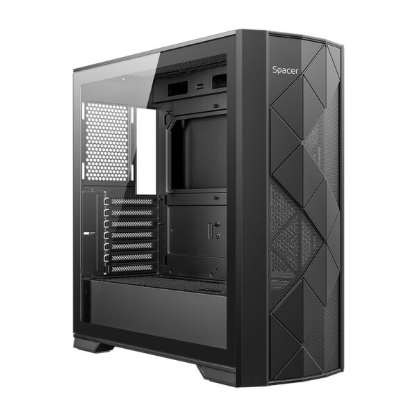 CARCASA SPACER – gaming, Middle Tower, ATX, „INFINITY”, fara sursa, sticla securizata, USB 3.0 x 1, USB 2.0 x 1, HD-Audio, Jack 3.5mm x 1, PSU shroud, black „SPCS-GC-INFINITY”