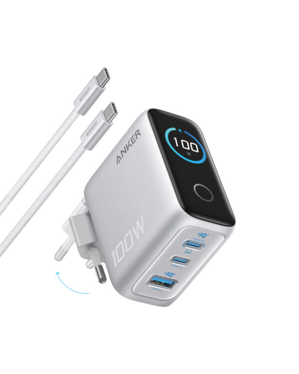 Alimentator retea Anker „Smart Display”, 100 W, porturi: 2x USB-C, 1x USB-A, Silver „B121BG41” (timbru verde 0.18 lei)-0194644291754