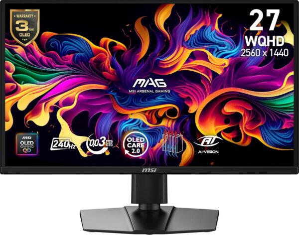 Monitor MSI MAG 272QP QD-OLED X24, 26.5″, WQHD, 2560×1440, HDMI, DisplayPort, 15W PD, NVIDIA G-SYNC Compatible, AMD FreeSync Premium, Pivot, 240Hz 0.03ms, Negru „MAG 272QP QD-OLED X24” (timbru verde 7 lei)